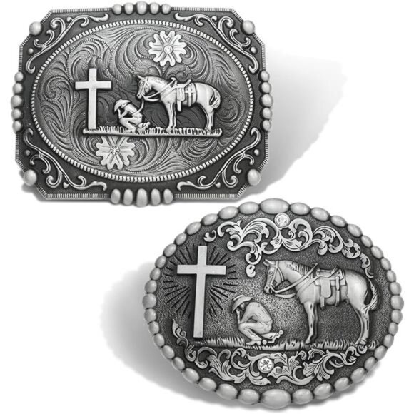 2 Pieces American Western Cowboy Belt Buckles, Mens Religion Cross Horse - Picture 1 of 8